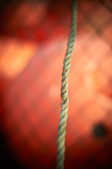 Ein braunes Seil im Detail vor rotem Hintergrund