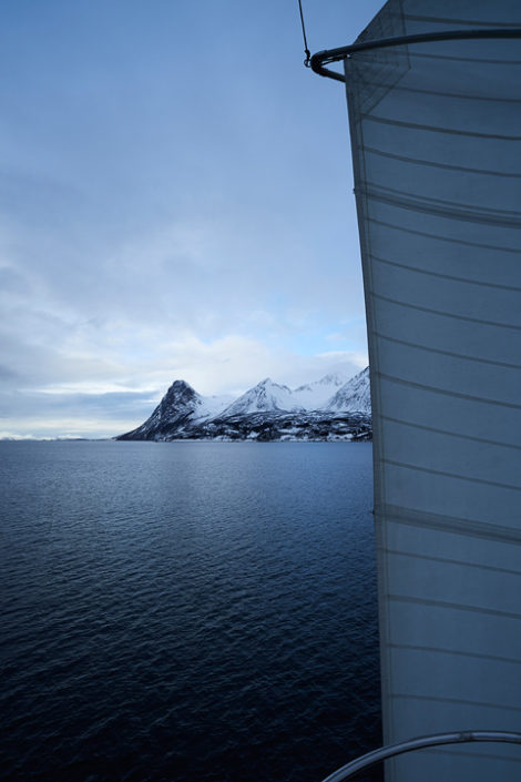 Blick vom Mast in grosser Höhe auf das Segel der Safier und den Fjordeinschnitt